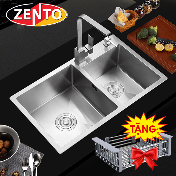 Chậu rửa bát inox 2 hố lệch zento HD8045-304 (tặng giá rửa rau củ) Chậu rửa bát inox 2 hố lệch zento HD8045-304 (tặng giá rửa rau củ)