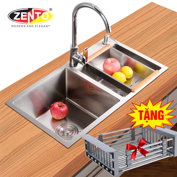 Chậu rửa chén, bát inox 2 hố lệch SK8045-304 (tặng giá rửa rau củ)